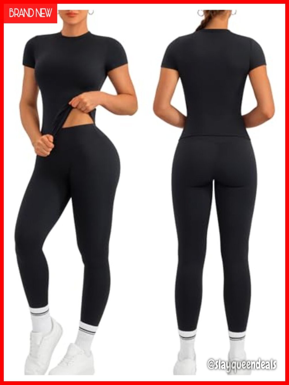 Womens 2 Piece Workout Set Short Sleeve Shirt High Waist Leggings Polyester